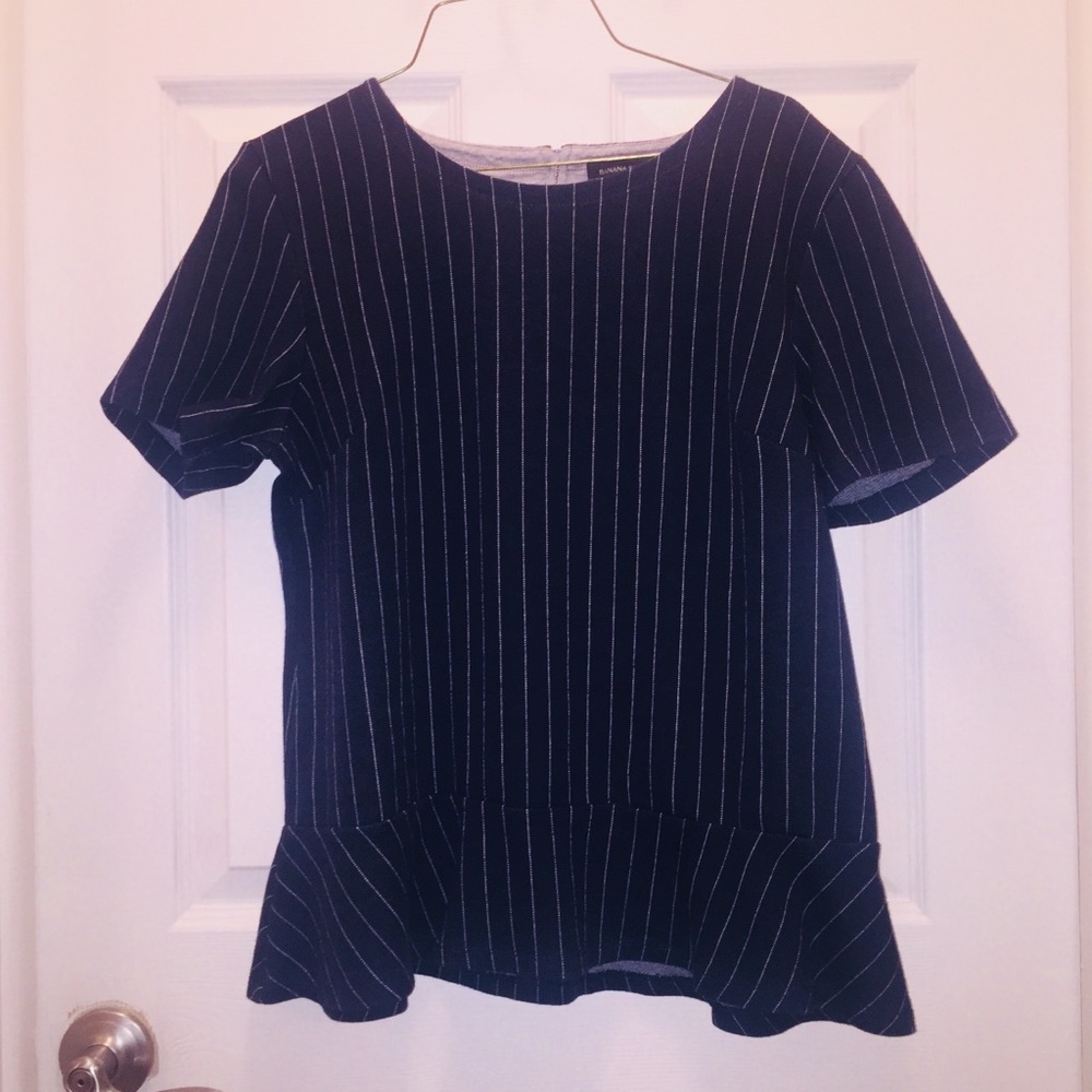 Banana Republic Navy Blue Peplum Top with White Pinstripes